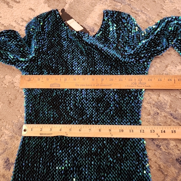 NWT Motel Rock Blue Green Iridescent Sequin long sleeve mini dress. Size XS. - Picture 15 of 17